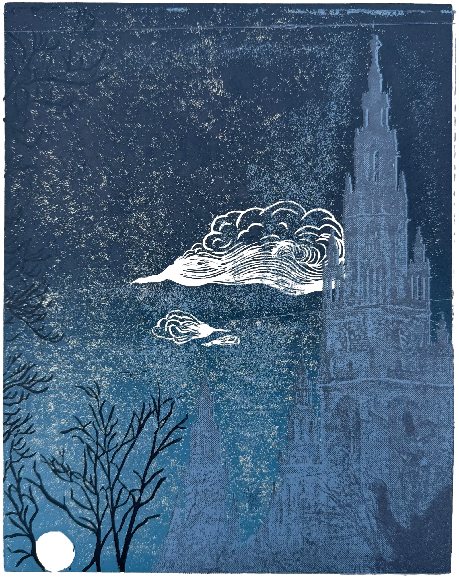 Düster Wien, blue relief print of Vienna architecture, bare trees, carved clouds and a moon